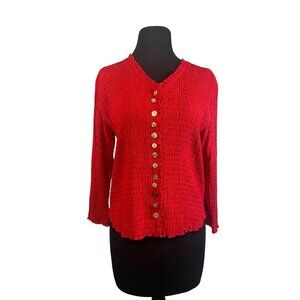 Nomadic Traders Women’s Button Front Red Textured Shirt Medium Rayon Long Sleeve